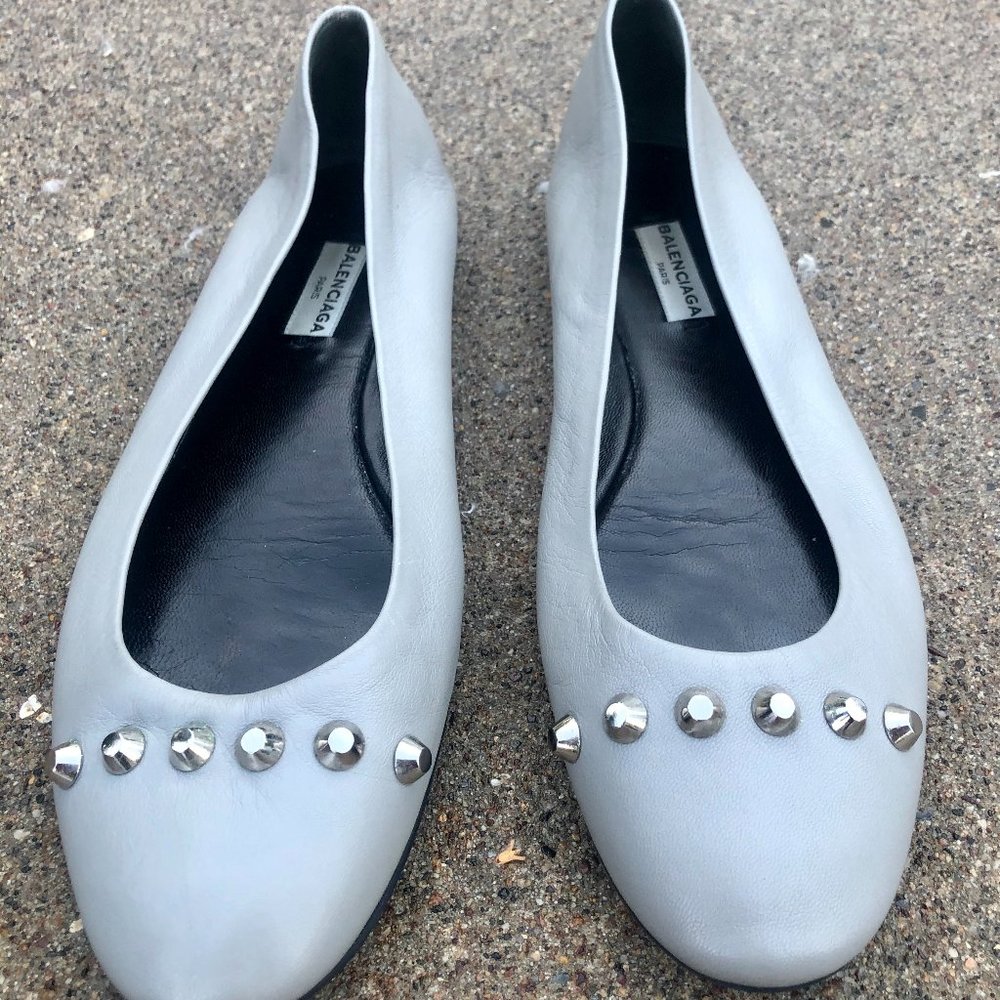 Balenciaga Studded Grey Lamb Skin Ballet Flats 38